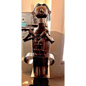 Vintage Black Metal Bottle Art Doll Sculpture Wine Decor